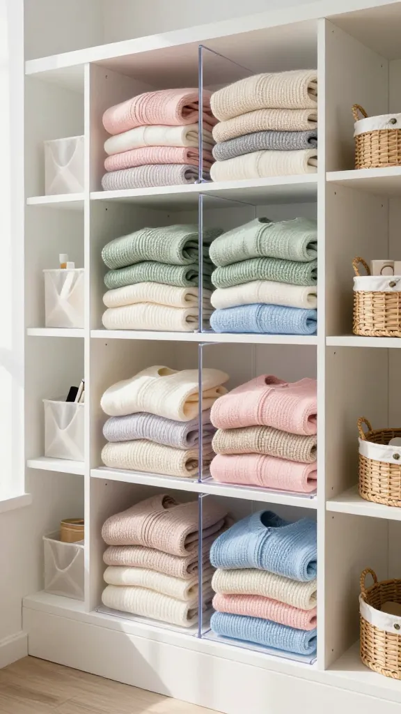 Pastel Towel Closet Makeover: Soft, folded towels by color in open shelves, chic baskets &amp; bins; perfect for spring refresh. Save this idea so you can come back to it later.