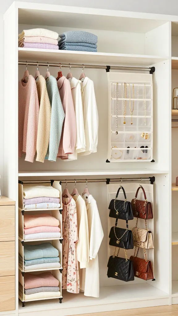 Spring Closet Refresh: Bright, airy closet with pastel blouses, folded knits &amp; chic bag hooks&mdash;maximizes space. Save this idea so you can come back to it later.