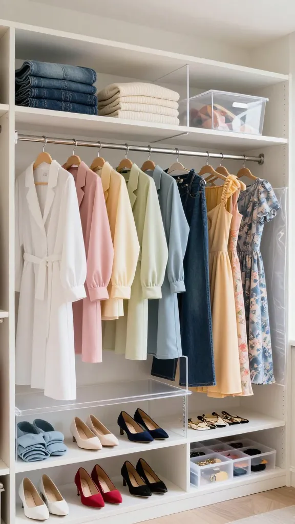 Spring Closet Refresh: Organized, airy wardrobe with pastel florals, folded jeans &amp; chic bins&mdash;easy style for spring. Save this idea so you can come back to it later.