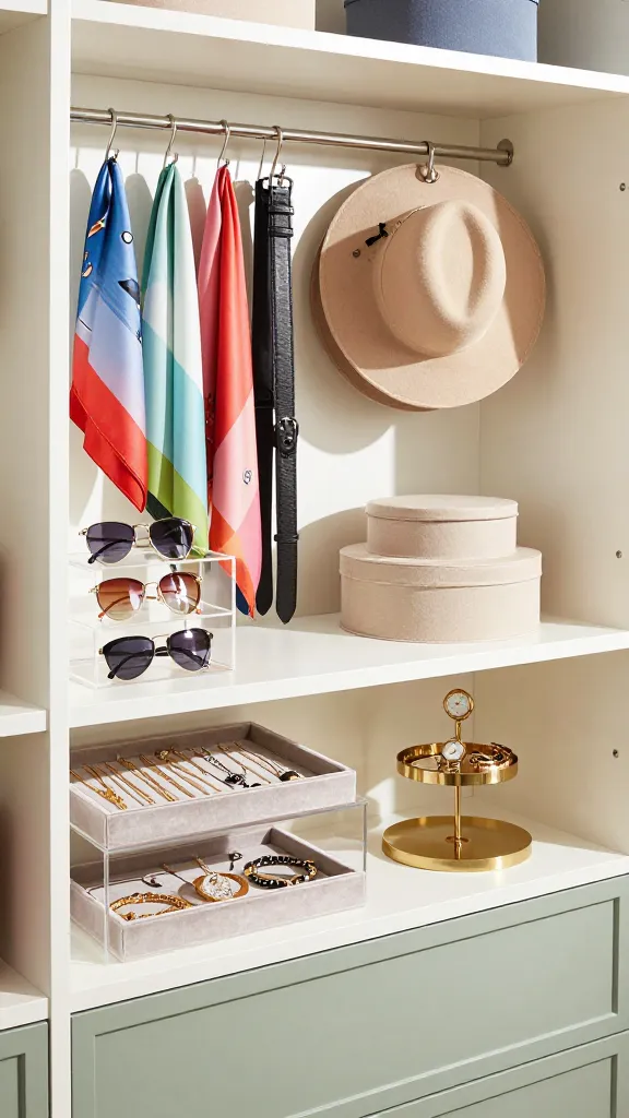 Spring Closet Glow-Up: Fresh white shelving with soft scarves, luxe boxes, chic gold jewelry&mdash;spring-ready style upgrade. Save this idea so you can come back to it later.