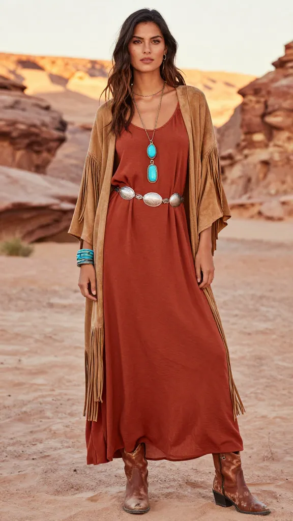 Flowy terracotta maxi dress with a tan fringe kimono