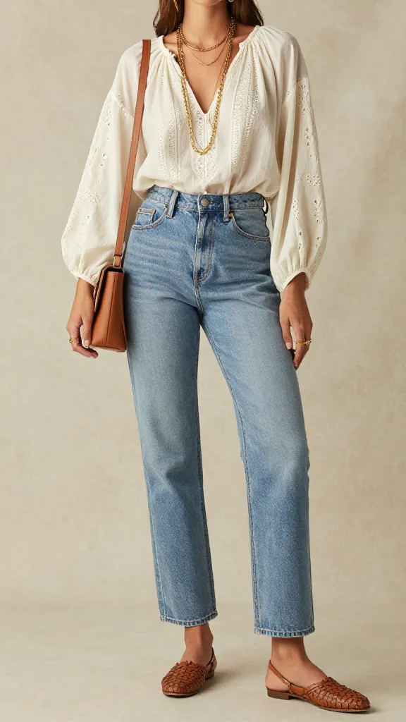 Boho Chic Street Style: Relaxed, airy blouse with embroidery and layered gold necklaces&mdash;ideal for everyday comfort. Save this idea so you can come back to it later.