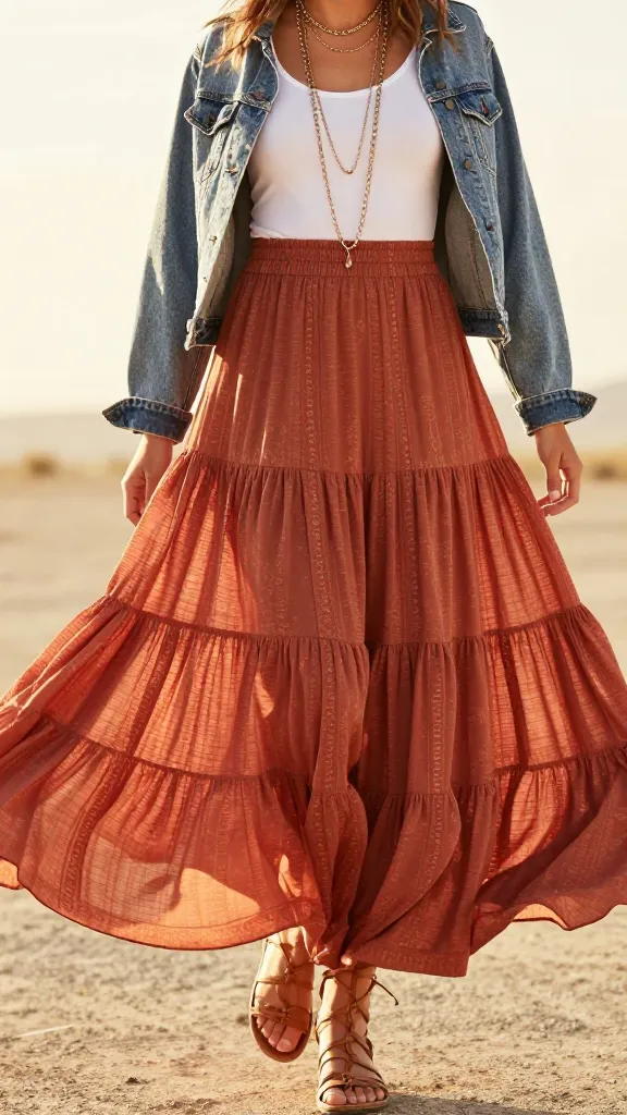 Boho Chic Layers: Sunlit woman in denim jacket, rust skirt &amp; brown sandals&mdash;effortlessly breezy, ideal for relaxed days. Save this idea so you can come back to it later.