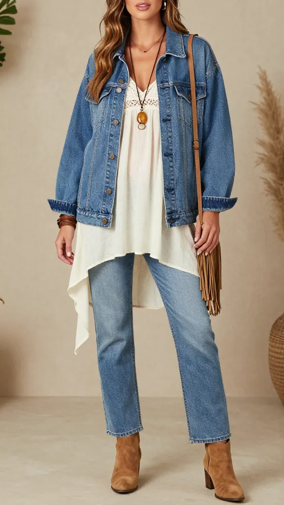 Boho Chic Layers: Trendy woman in textured denim, soft tunic &amp; suede boots; layered jewels, boho bag&mdash;ideal for relaxed days. Save this idea so you can come back to it later.