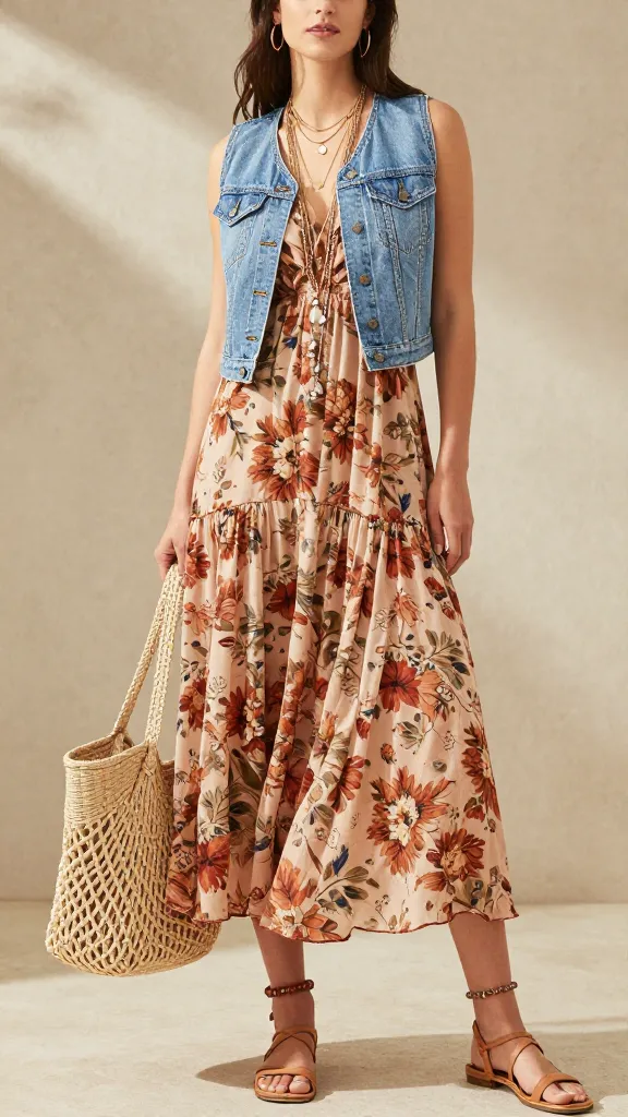 Casual Boho Chic: Breezy, sunlit look with denim vest, floral maxi dress, straw bag&mdash;ideal for comfy summer style. Save this idea so you can come back to it later.