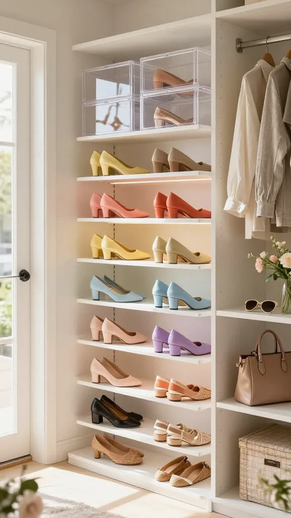 Spring Closet Refresh: Sun-drenched, tidy shelves display pastel heels, airy storage, and chic neutrals&mdash;perfect for effortless mornings. Save this idea so you can come back to it later.