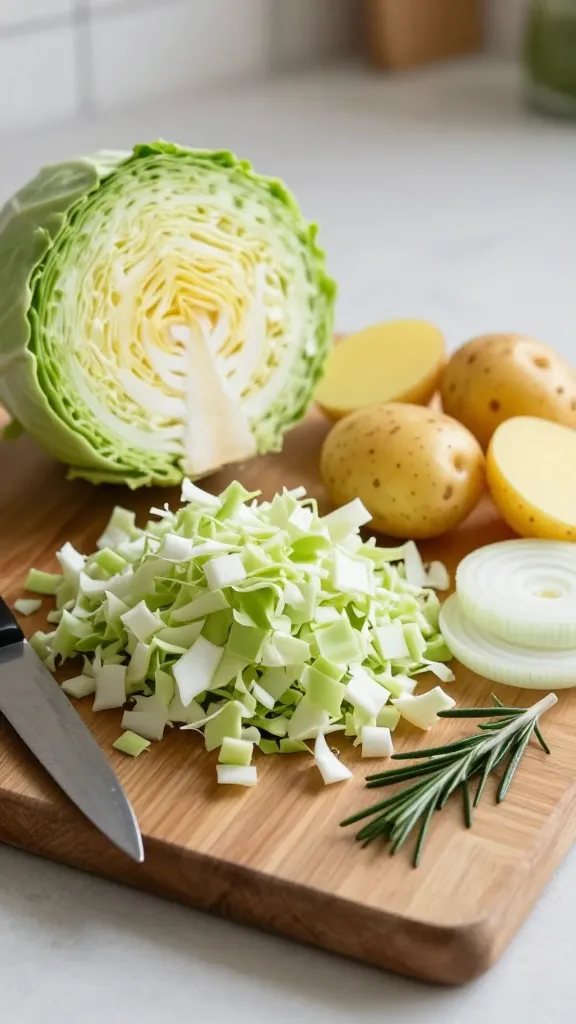 Farmhouse Skillet Prep: Fresh-cut cabbage, golden potatoes &amp; rosemary on rustic wood&mdash;easy, aromatic meal starter. Save this idea so you can come back to it later.