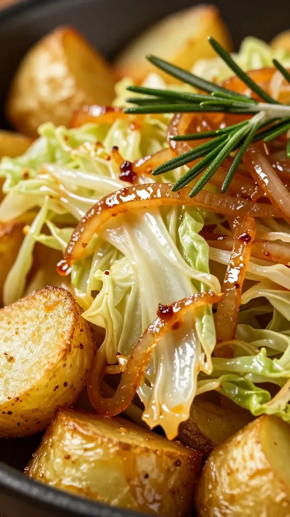 Hearty Skillet Cabbage &amp; Potatoes: Savory, golden veggies with rosemary garnish&mdash;crisp edges, vibrant aroma. Perfect comfort food. Save this idea so you can come back to it later.