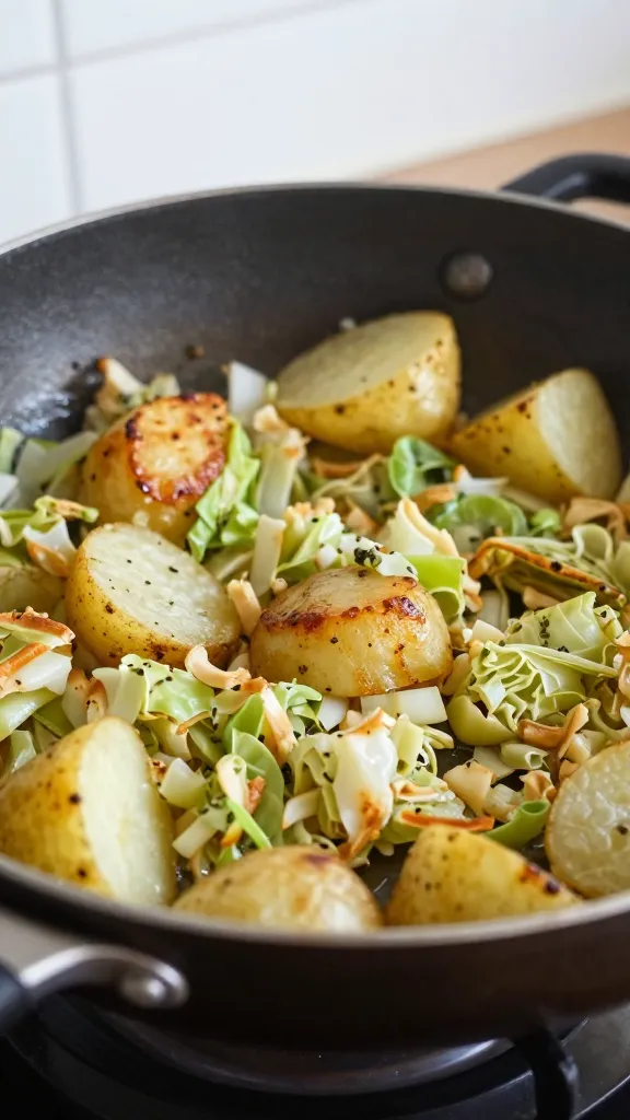 Skillet Cabbage &amp; Potatoes: Vibrant, rustic comfort food with golden crispy garlic, steamed greens&mdash;easy weeknight dinner. Save this idea so you can come back to it later.