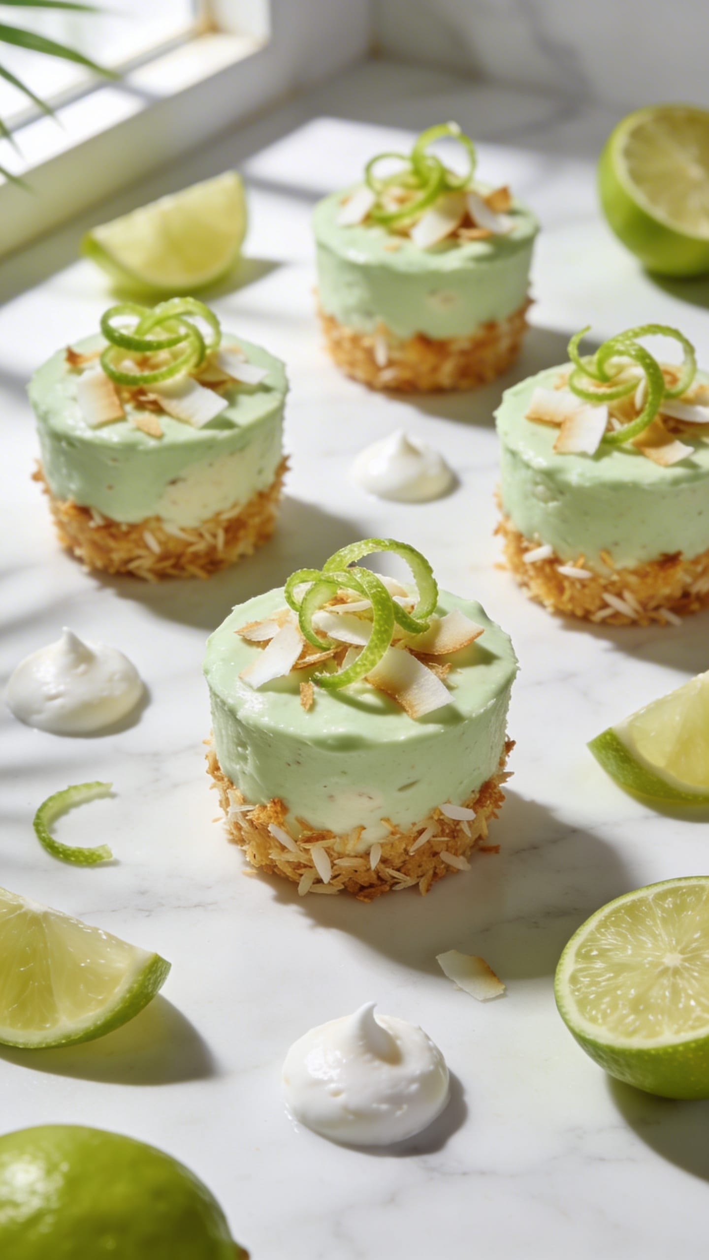 Vegan Key Lime Mini Cheesecakes: Lush, zesty treats with coconut crust, whipped cream &amp; lime&mdash;perfect for summer. Save this idea so you can come back to it later.