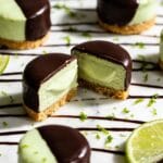 Vegan Key Lime Cheesecake Bites: Creamy, zesty, chocolate-glazed treats on crumb base, perfect for guilt-free snacking. Save this idea so you can come back to it later.