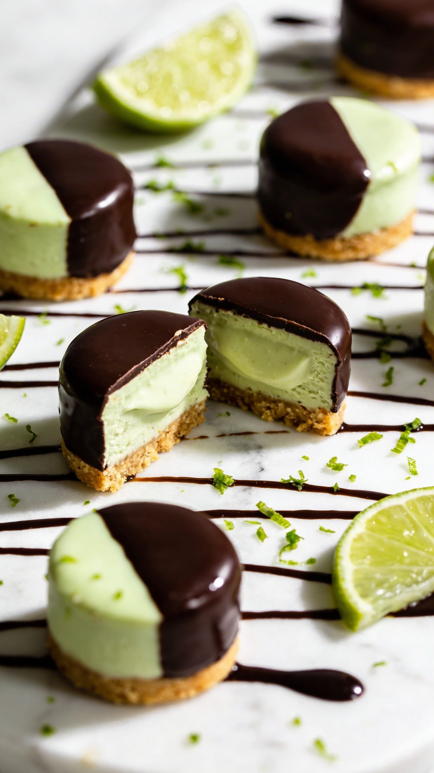 Vegan Key Lime Cheesecake Bites: Creamy, zesty, chocolate-glazed treats on crumb base, perfect for guilt-free snacking. Save this idea so you can come back to it later.