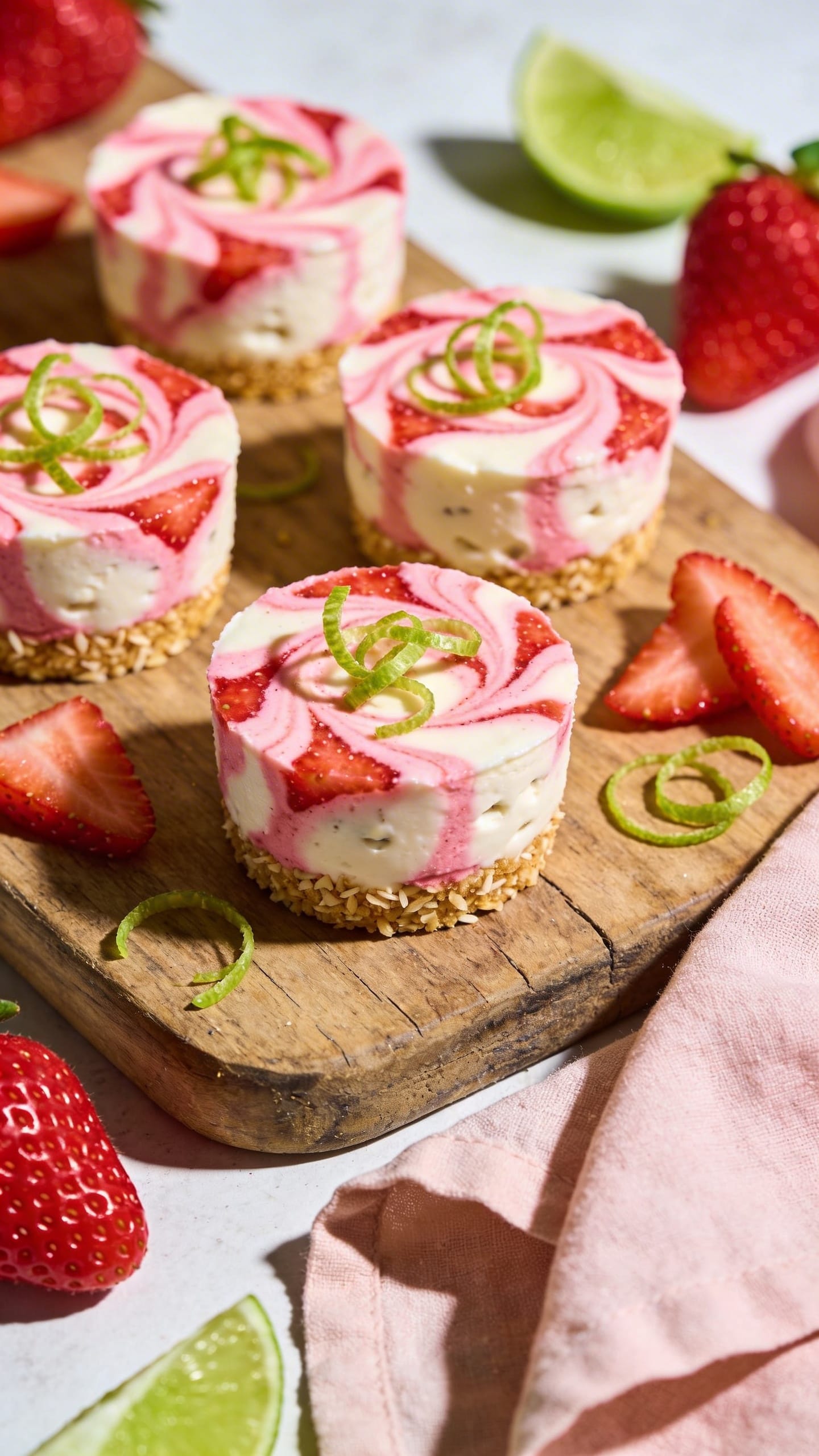 Vegan Key Lime Cheesecake Bites: Lush, zesty treats with strawberry swirls and lime curls&mdash;ideal for healthy dessert lovers. Save this idea so you can come back to it later.