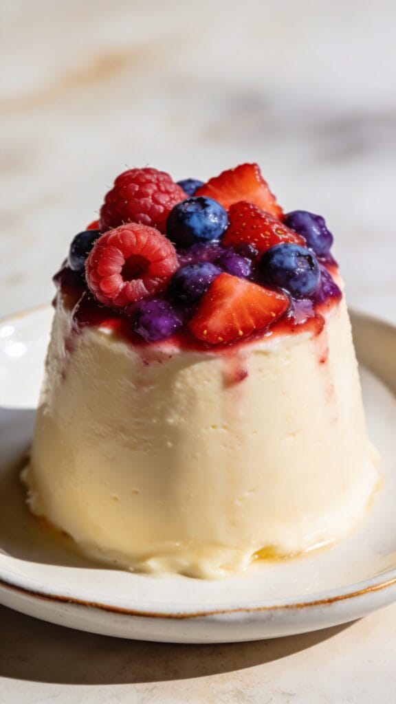 Closeup of single vegan coconut panna cotta with berry topping