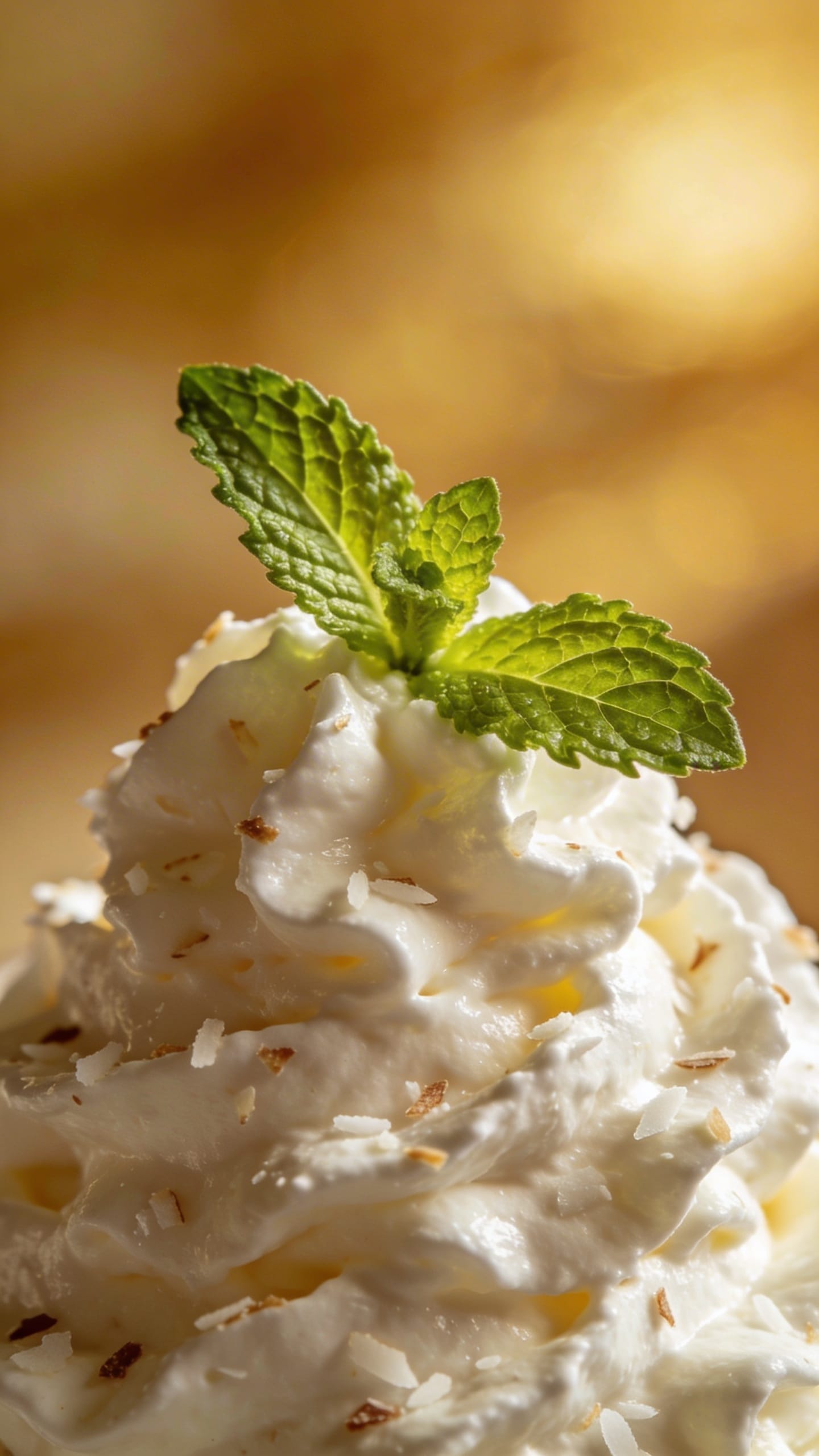 Coconut whipped cream dollop with mint garnish closeup