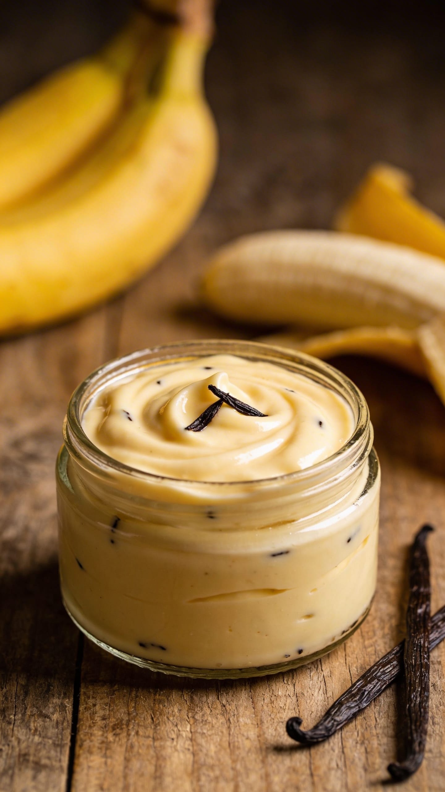 Closeup of layered vegan vanilla custard in glass jar