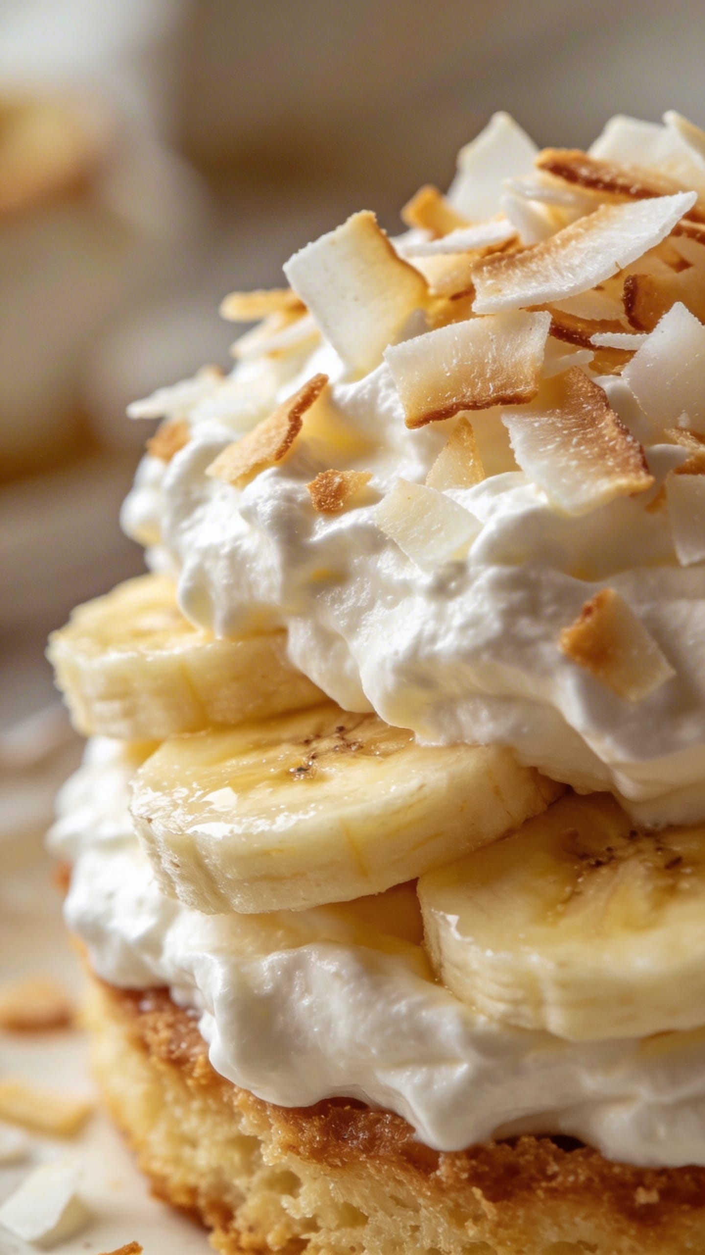 Fresh banana slices arranged on white coconut cream