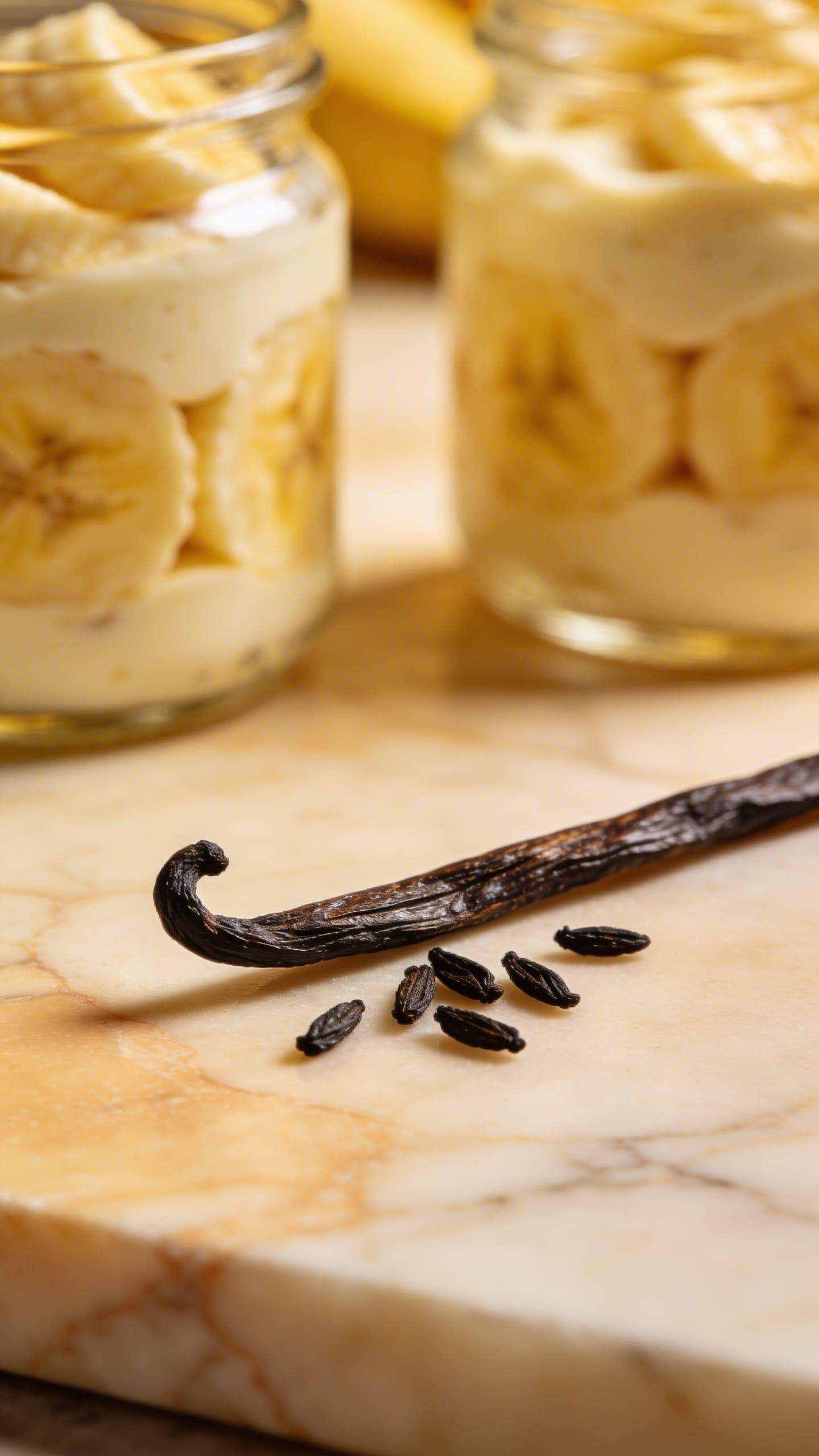 Single vanilla bean pod on white marble surface