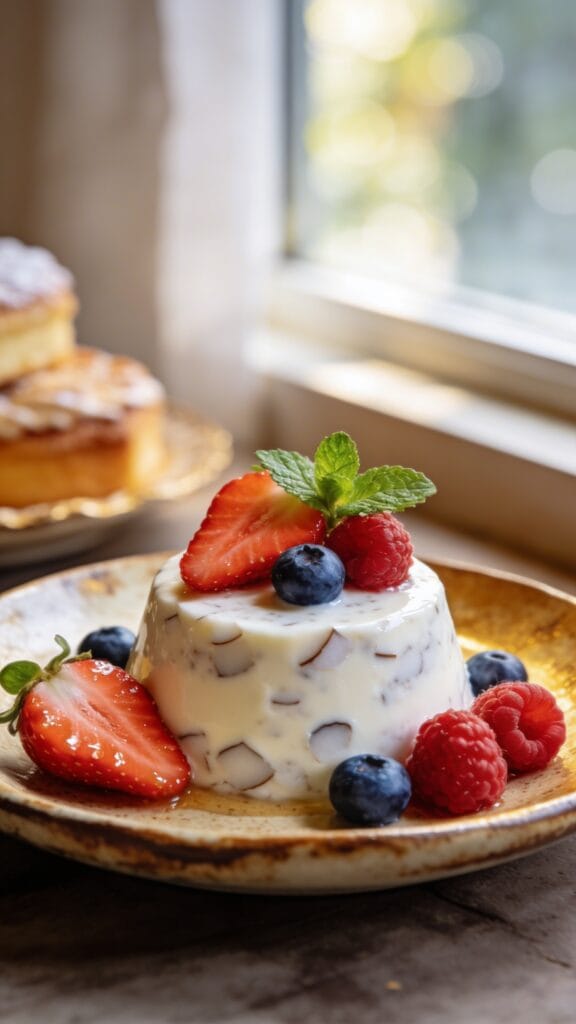 Elegant vegan panna cotta with creamy coconut texture garnished with fresh mint and juicy sliced strawberries, blueberries, and raspberries, arranged naturally on a rustic plate, soft natural window light, gentle bokeh background, cozy bakery-style food presentation