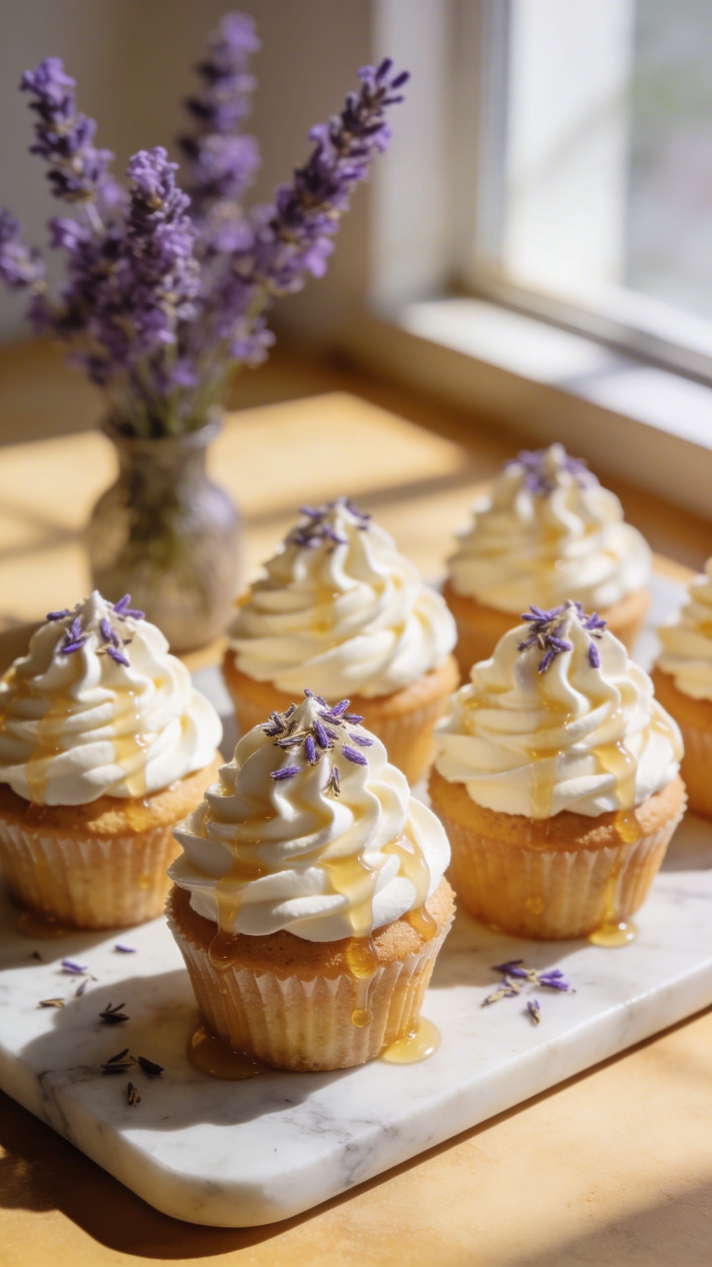 Vegan Lavender Honey Cupcakes: Fluffy, fragrant, honey-drizzled treats with lavender buds&mdash;perfect for relaxing afternoons. Save this idea so you can come back to it later.