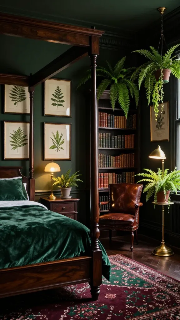 Dark academia botanical library bedroom with moody forest green walls and vintage plant illustrations.