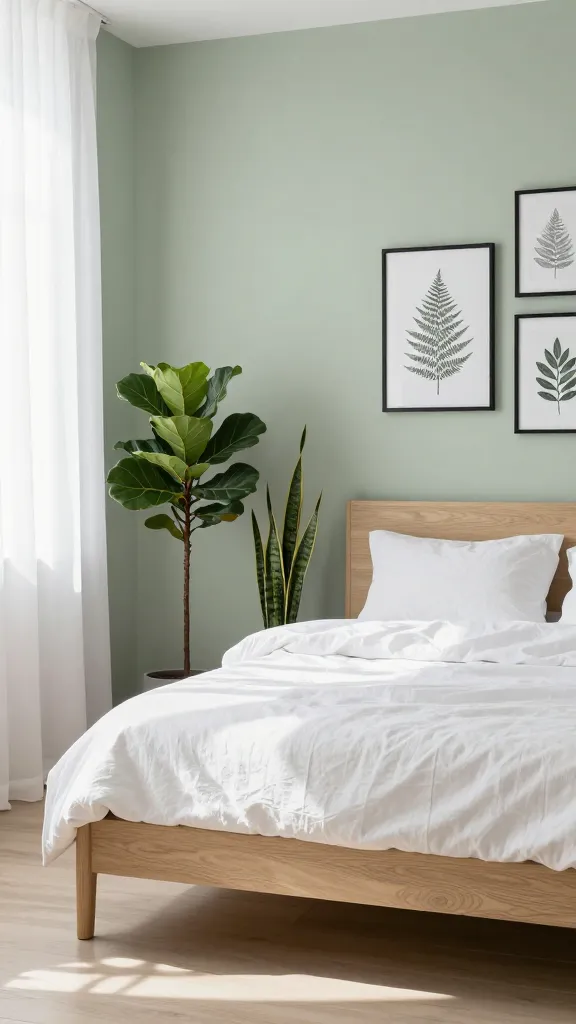Minimalist botanical bedroom design with soft sage walls and simple framed fern line art.