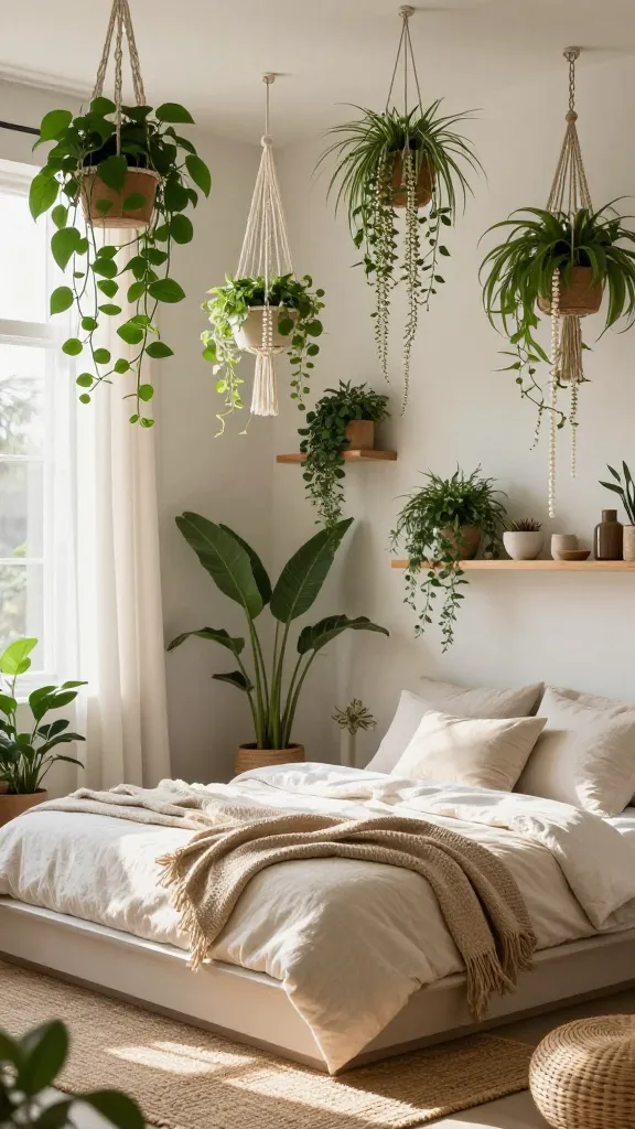 Bohemian, Boho hanging garden bedroom with macramé plant hangers and trailing pothos plants.