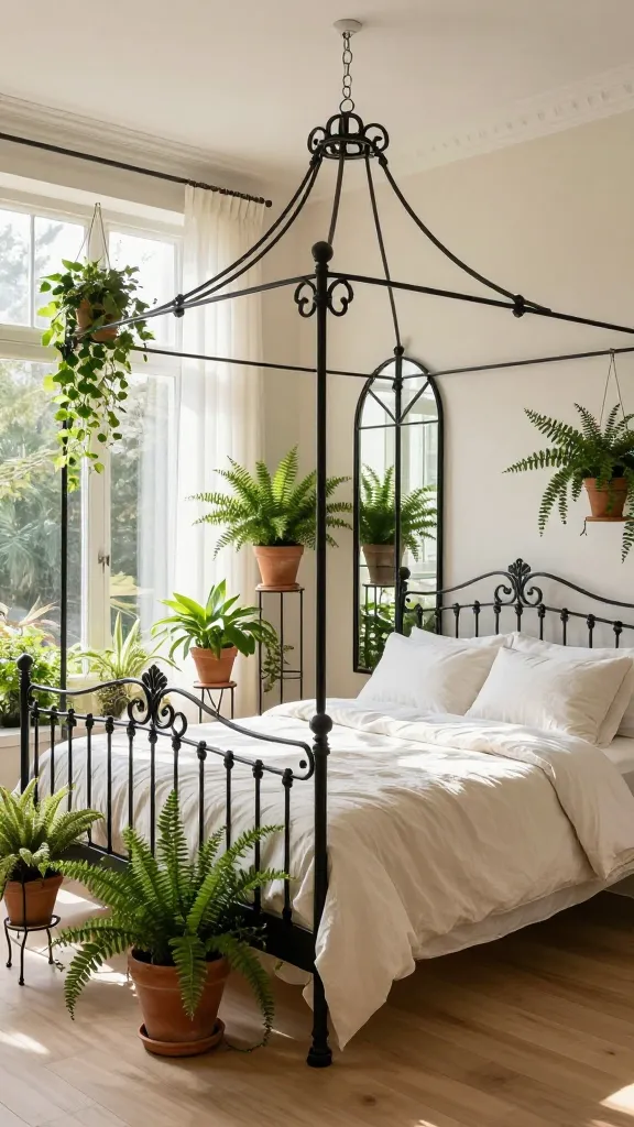 Conservatory style bedroom featuring a black wrought iron bed and vintage plant stands.