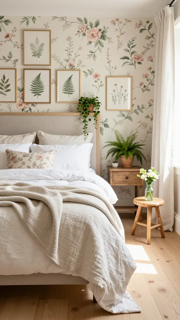 Vintage cottagecore bedroom with floral wallpaper and antique brass bed frame.