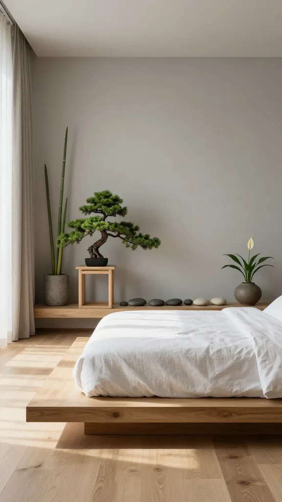 Modern minimalist zen bedroom with a low platform bed and architectural bonsai tree.
