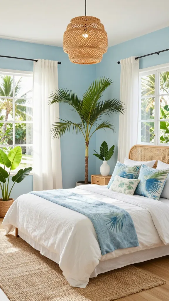 Airy tropical and coastal botanical bedroom with palm leaf prints and light blue accents.
