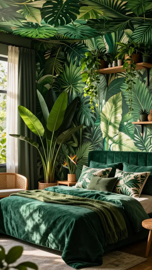 Maximalist botanical bedroom featuring oversized monstera leaf wallpaper and emerald green velvet pillows.