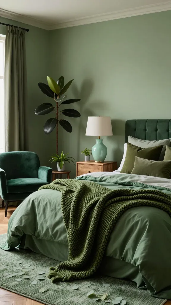 Monochromatic green bedroom sanctuary with layered shades of emerald, forest, and sage.