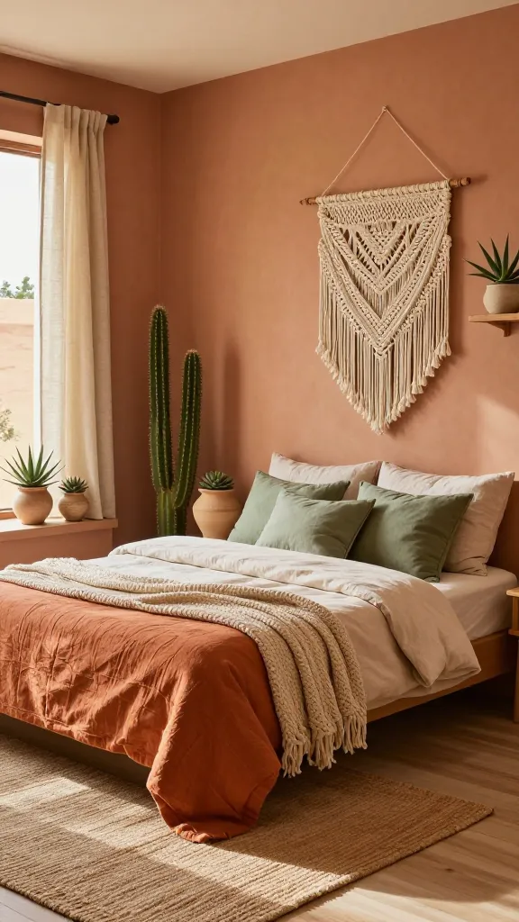 Desert-themed botanical bedroom with terracotta walls, cacti, and succulent plants.