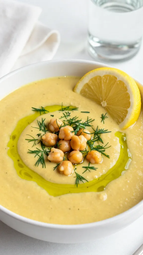An eye-level, slightly overhead photograph of a modern, shallow bowl filled with Lemony Greek Chickpea Soup. The soup is golden and smooth. A heavy drizzle of vibrant, translucent green olive oil swirls artistically across the surface. Copious amounts of freshly chopped dill and a few whole cooked chickpeas are placed carefully on top. A perfectly cut, bright yellow lemon wedge sits on the lip of the bowl. The background is softly blurred but shows a white linen napkin and a reusable glass water bottle, suggesting a mindful 'Spring Reset' meal. Bright, diffused spring lighting.