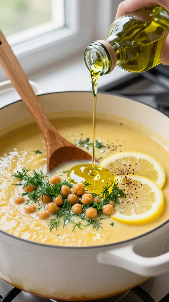Fresh dill garnish on lemony revithia soup surface