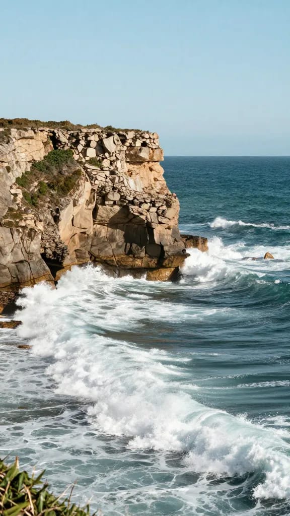 single sunlit coastal cliff edge with waves crashing below