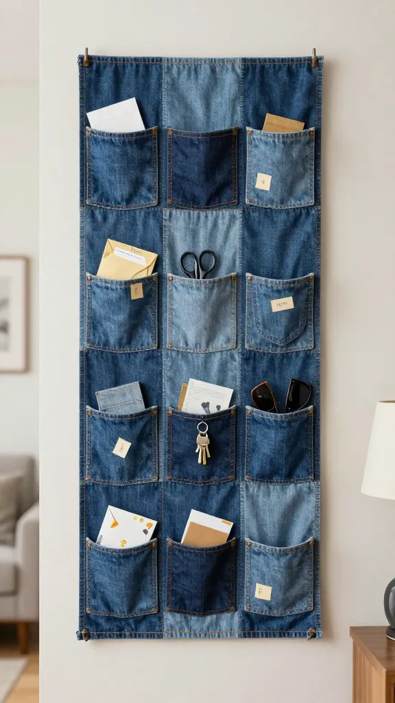 Denim Wall Organizer: Stylish pockets in varied blue tones tidy essentials in a cozy, modern space—perfect DIY storage! Save this for your next organization project!.