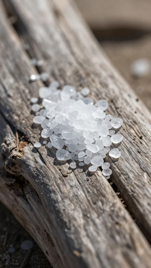 macro shot of salt crystals on weathered driftwood at shore