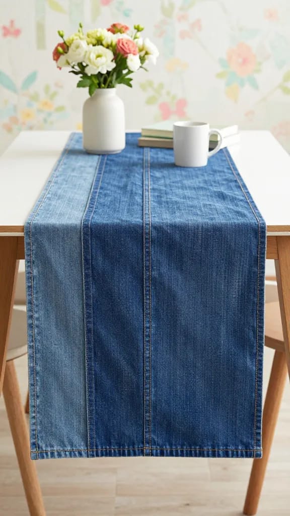 Cozy Spring Table: Light wood table with DIY denim runner, flowers & books. Warm, inviting vibe—perfect for seasonal home refresh. Save this for your next decor project!.