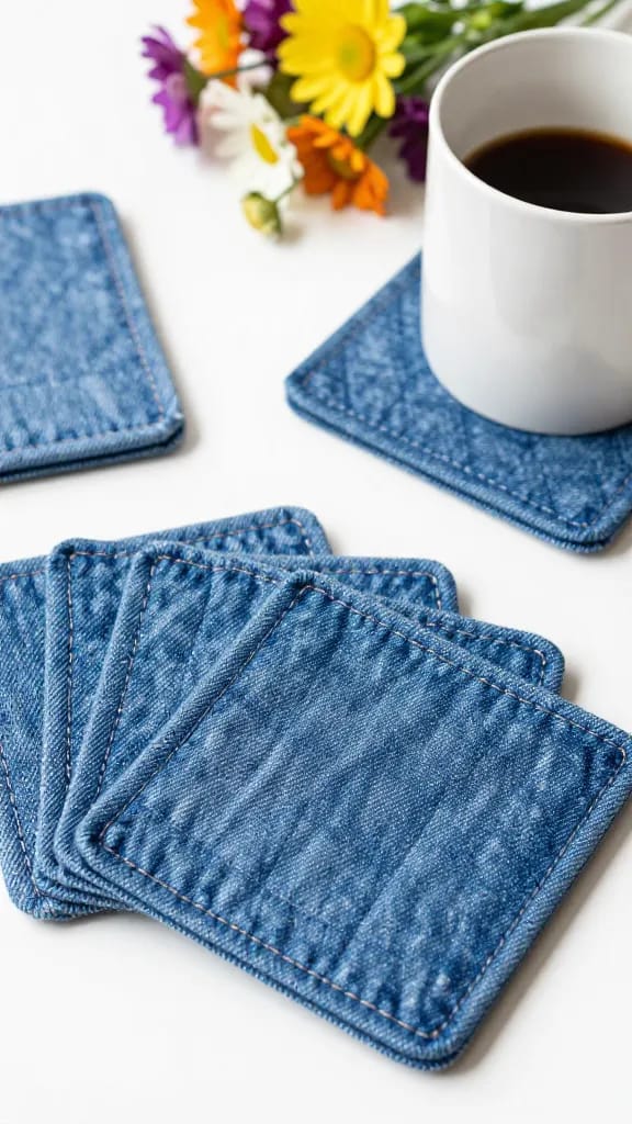 Cozy Coffee Break: White mug of black coffee rests on denim coasters amid florals for a relaxed vibe—ideal for home decor. Save this for your next DIY project!.