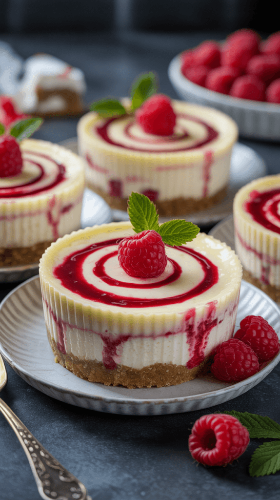 No-Bake Mini Cheesecakes: Creamy, vibrant treats with glossy raspberries, graham crusts &amp; mint&mdash;effortless spring dessert. Save this idea so you can come back to it later.