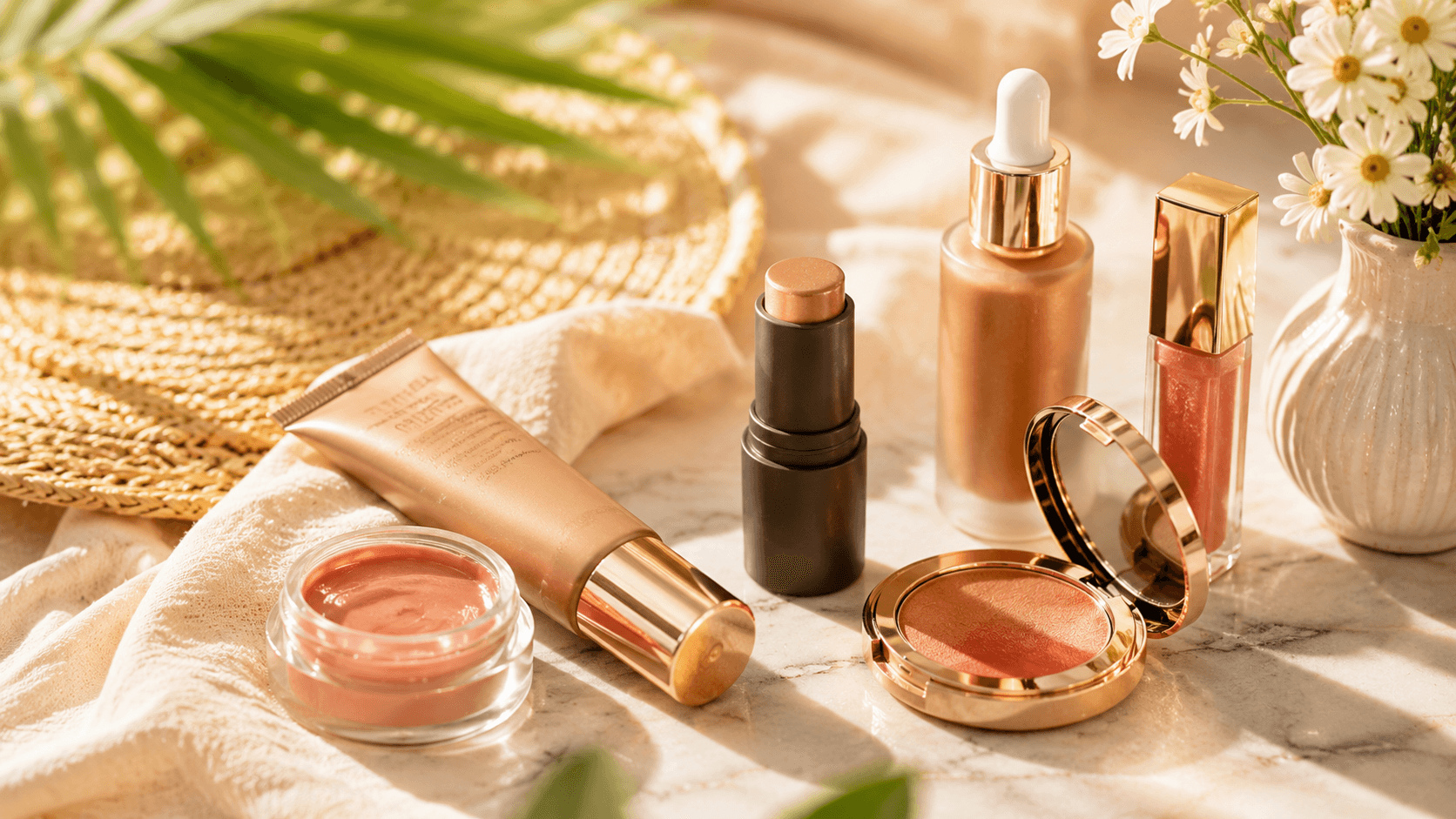 Summer Glow Makeup Essentials: Radiant, sun-kissed beauty products on marble with daisies—effortless for summer trips.
