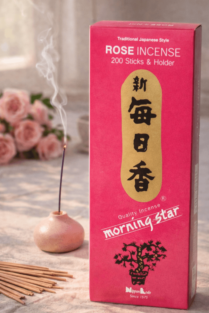 Morning Star Rose Incense: Delicate, soothing pink box with fresh sticks, gentle smoke, sunlit pink roses&mdash;ideal for daily calm. Save this idea so you can come back to it later.