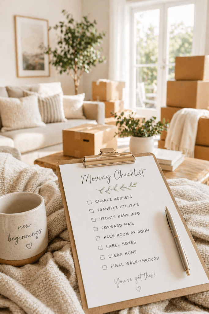 New Home Checklist Inspiration: Sunlit cozy living room, tactile clipboard, soft mug&mdash;ideal for organized, fresh starts. Save this idea so you can come back to it later.