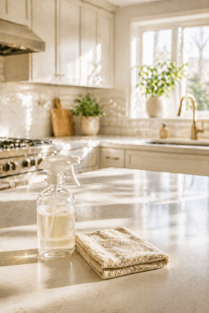 New Home Cleaning Essentials: Sunlit glass spray bottle and soft beige cloths, golden faucet. Boosts tidy, fresh starts. Save this idea so you can come back to it later.