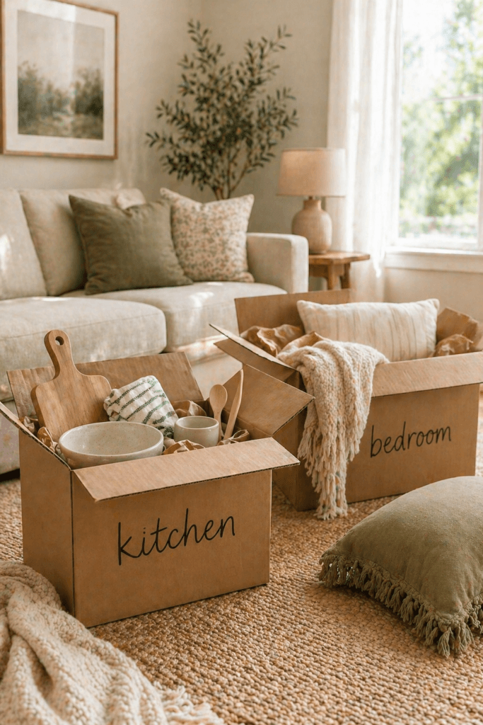 Moving Day Bliss: Tidy labeled boxes on a textured rug, sunlit sofa, and cozy decor&mdash;perfect for smooth home transitions. Save this idea so you can come back to it later.