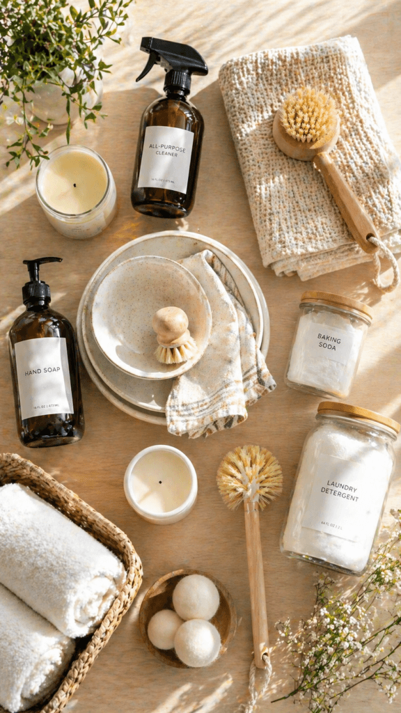 Eco Home Cleaning Essentials: Chic, sustainable glass bottles with wooden brushes and soft towels&mdash;ideal for toxin-free living. Save this idea so you can come back to it later.