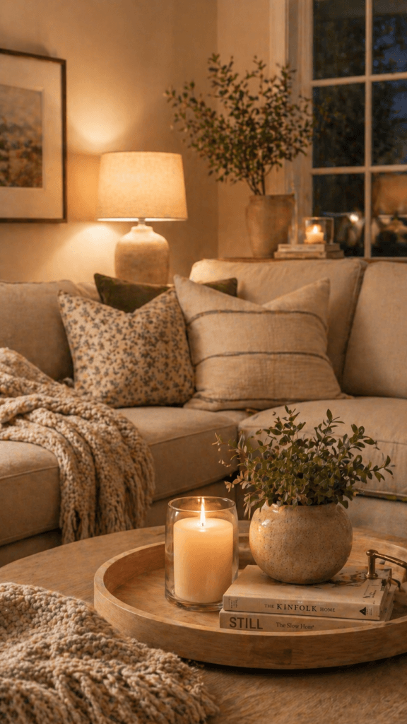 Chic Living Room Retreat: Plush beige sectional, soft knits &amp; candles add zen vibes&mdash;perfect for stress relief. Save this idea so you can come back to it later.
