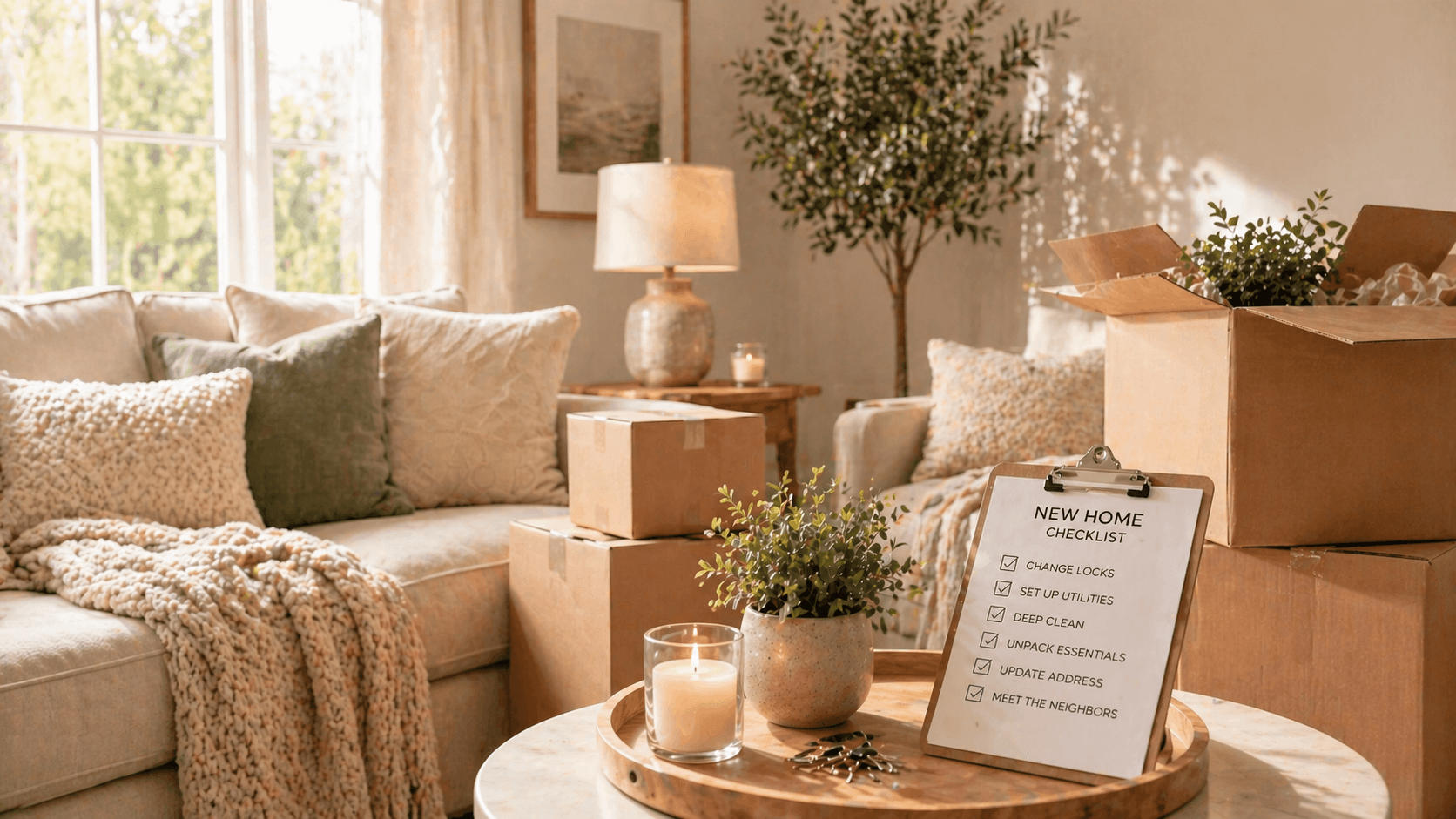 New Home Sanctuary: Sunlit, tranquil living room with lush plants & checklist on table—ideal for smooth moves. Save this idea so you can come back to it later.